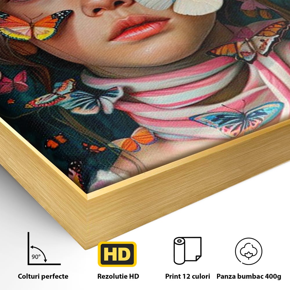Detaliu al suprafetei: tablou canvas cu fata si fluturi colorati, in rama de aluminiu auriu